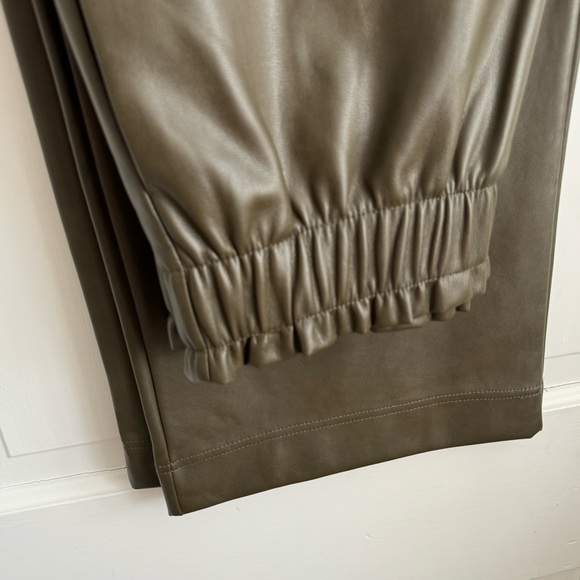 Anthro olive faux leather pant wide leg lounge pant trouser style elastic waist - Picture 6 of 11